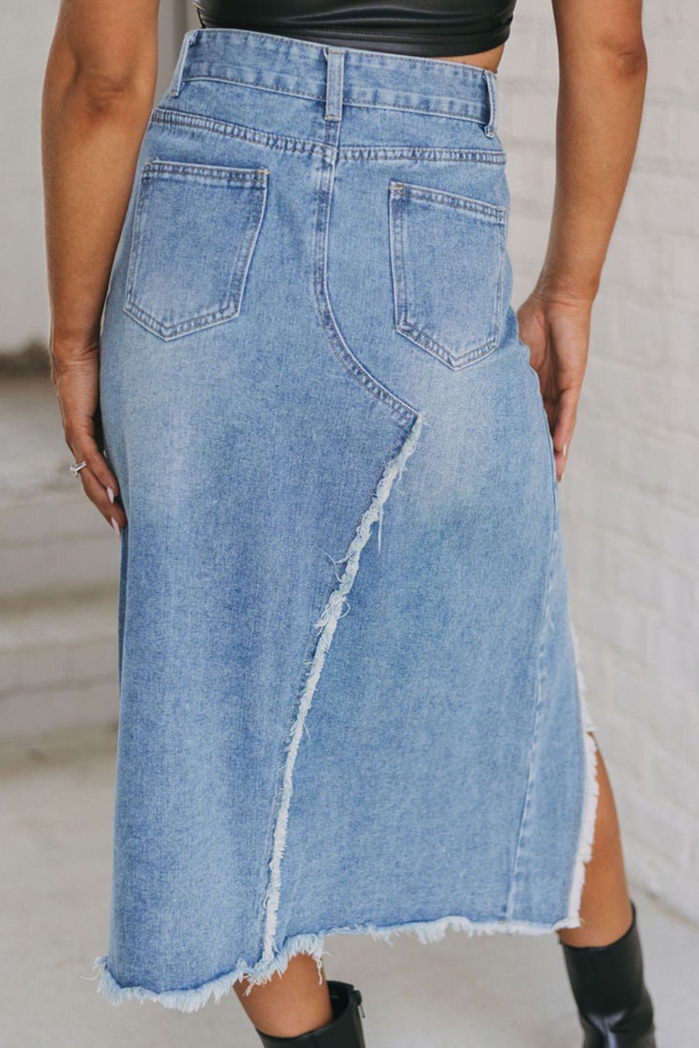Raw Hem Slit Denim Skirt with Pockets - Slayed by Meme