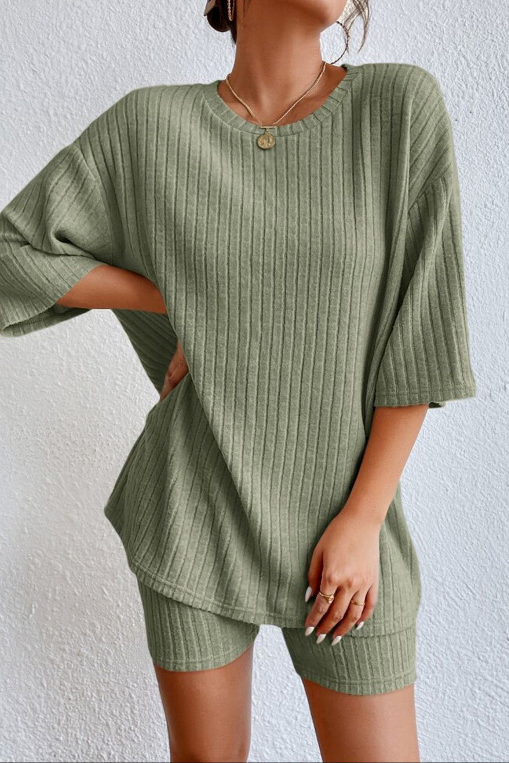 Round Neck Ribbed Top and Shorts Lounge Set - Slayed by Meme