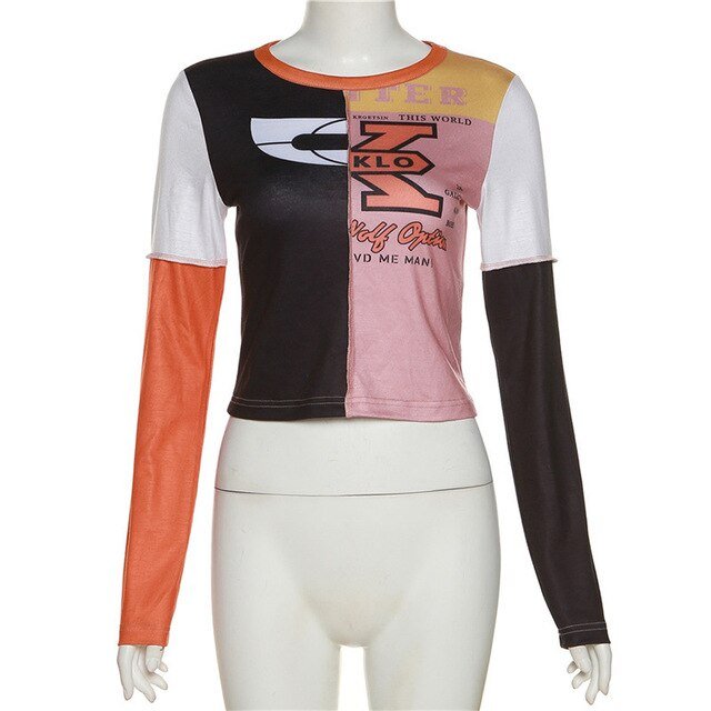 Women's Patchwork Letter Print T-shirt - Slayed by Meme