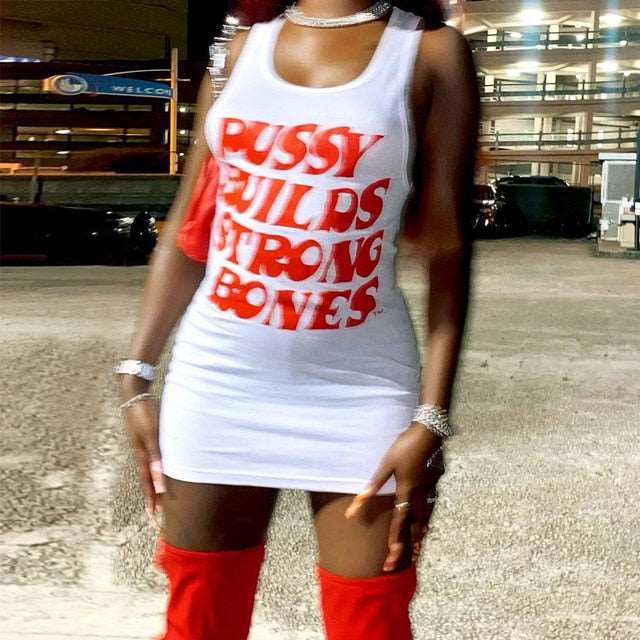 Letter Print White Rib Tank Dresses - Slayed by Meme