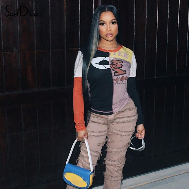 Women's Patchwork Letter Print T-shirt - Slayed by Meme