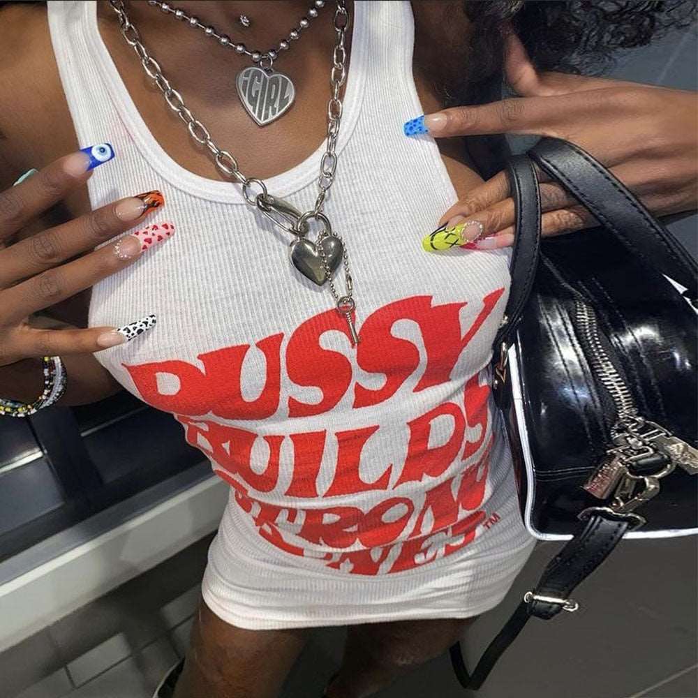 Letter Print White Rib Tank Dresses - Slayed by Meme