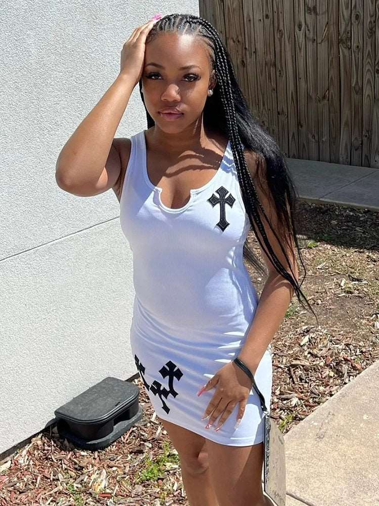 Cross Printed Mini Dress - Slayed by Meme