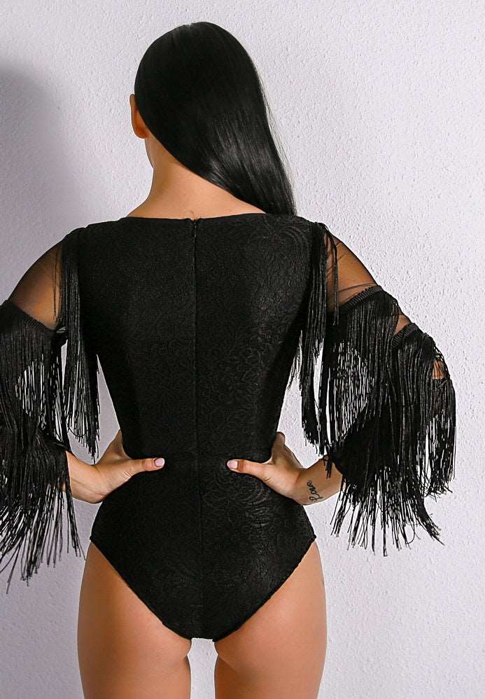 Black Fringe Bodysuit - Slayed by Meme