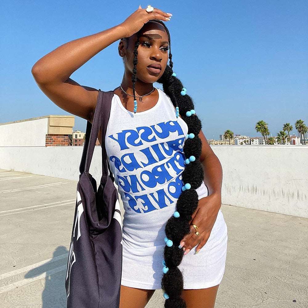 Letter Print White Rib Tank Dresses - Slayed by Meme